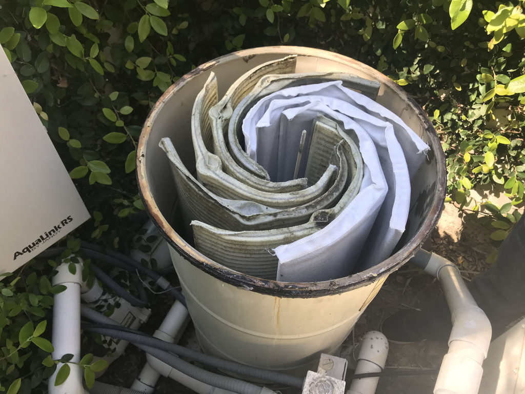 Rolled pool filter cartridges in canister