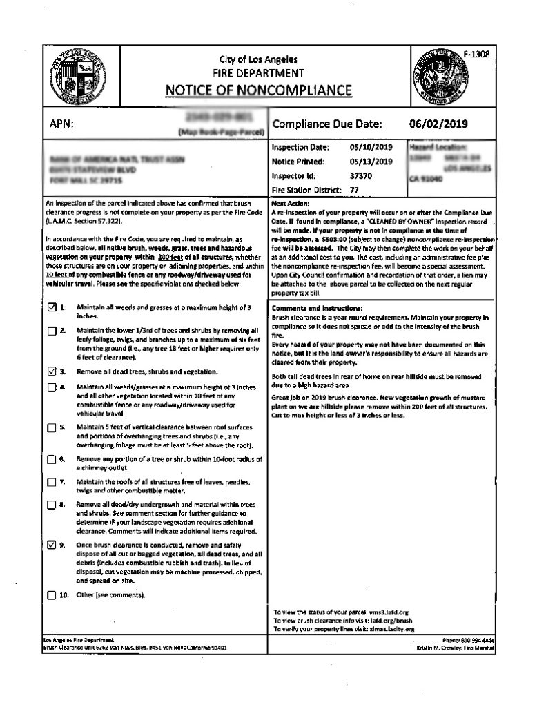 City of Los Angeles Fire Department Notice of Non Compliance