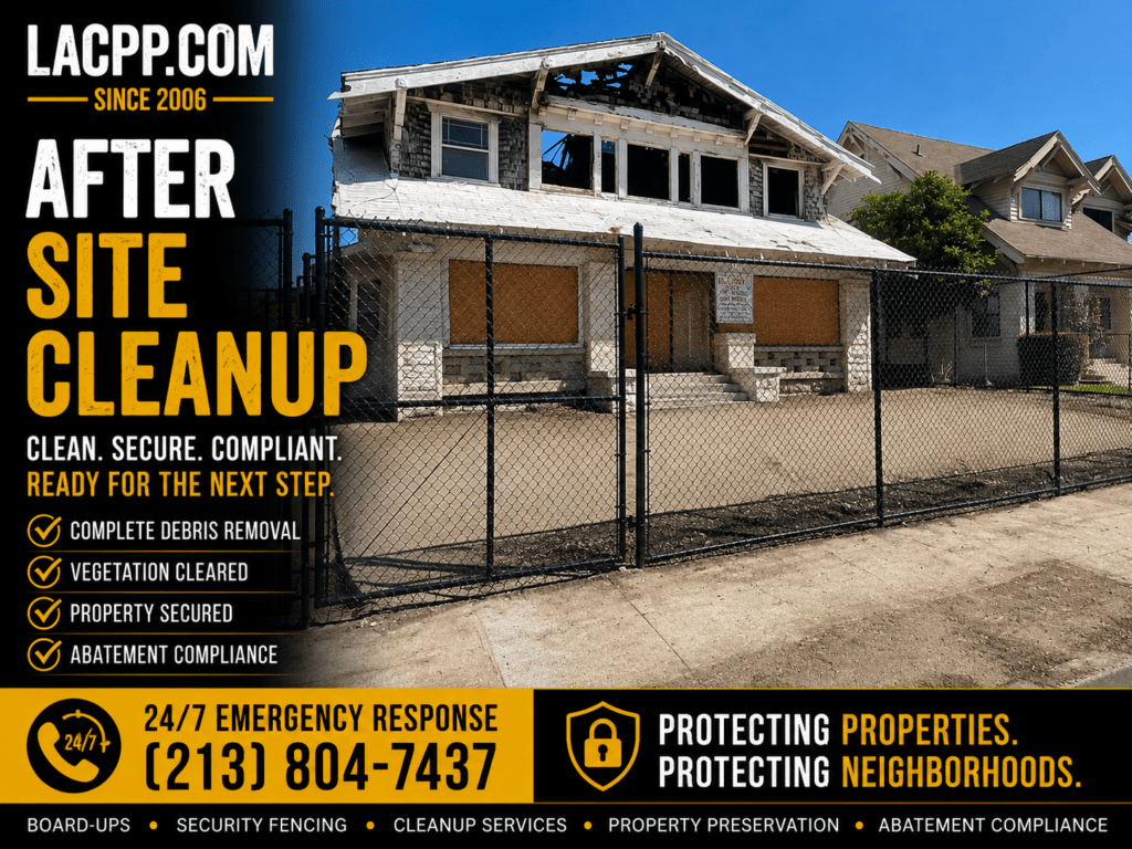 Fire-damaged property in Los Angeles after site cleanup, debris removal, board-up services, and security fencing installation.
