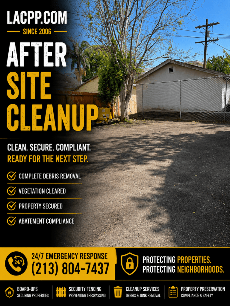 Backyard of a fire-damaged property after debris removal, vegetation clearing, and site cleanup services in Los Angeles.