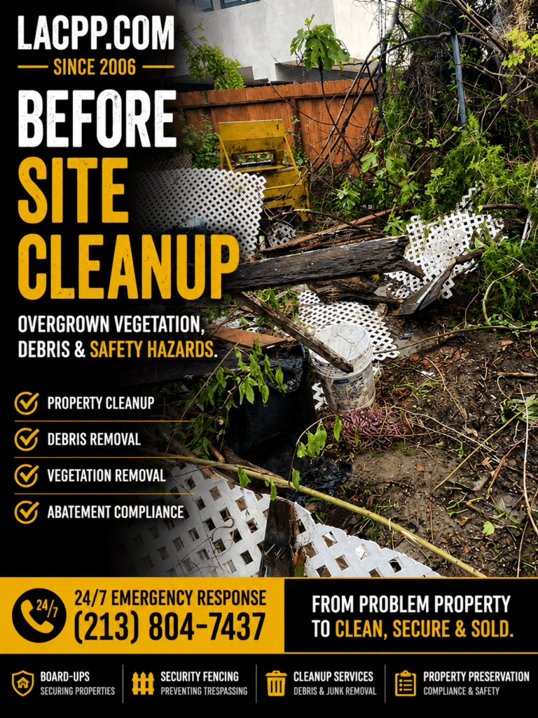 Overgrown vegetation, debris, damaged fencing, and scattered materials at a fire-damaged property before site cleanup services in Los Angeles.