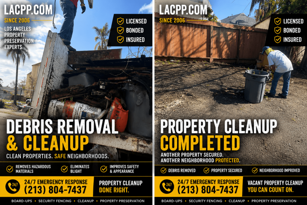 Security fencing installed around a fire-damaged property in Los Angeles to prevent unauthorized access and improve public safety.