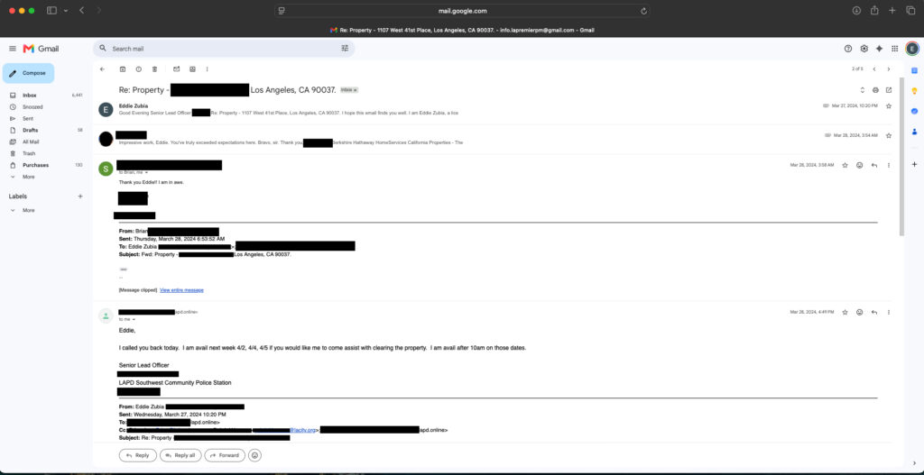 Email communication between LA's Premier Property Maintenance and an LAPD Senior Lead Officer regarding assistance with clearing and securing a Los Angeles property.