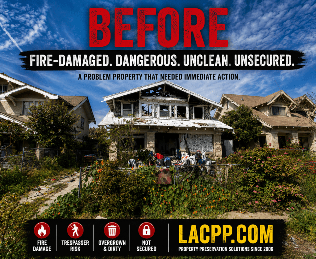 Fire-damaged vacant property in Los Angeles before cleanup, board-up services, security fencing, and property preservation work.