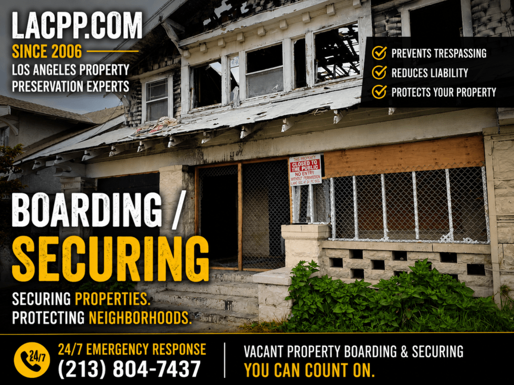 Fire-damaged property in Los Angeles secured with emergency board-up services, vacant property security measures, and an LAMC 41.24 trespass authorization sign.