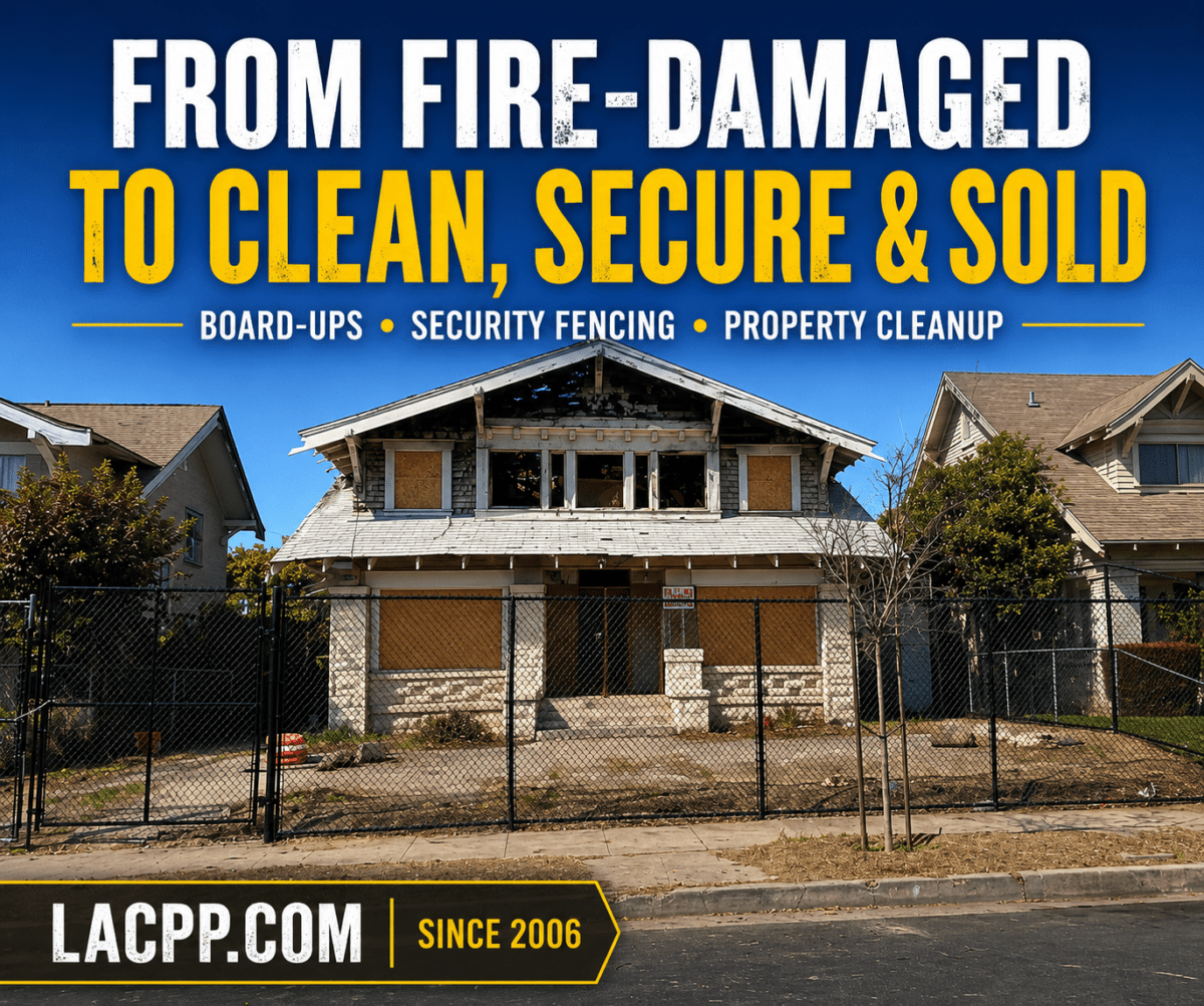 Fire-damaged property in Los Angeles after cleanup, board-up services, debris removal, security fencing installation, and vacant property securing by LA's Premier Property Maintenance.