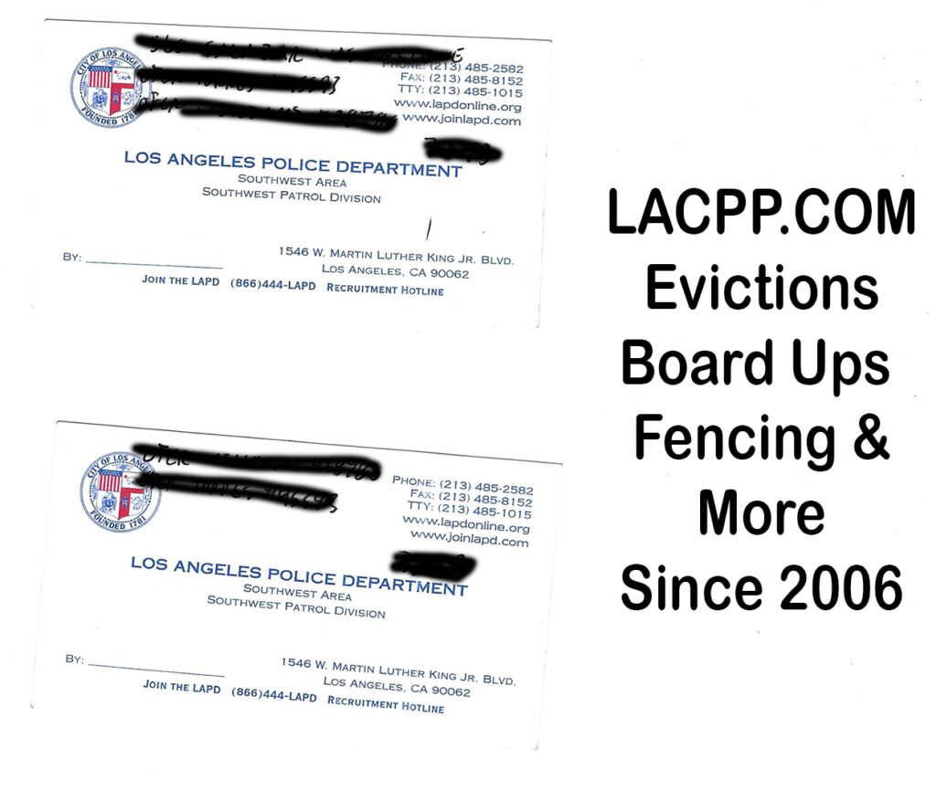 Los Angeles Police Department incident cards from the Southwest Division documenting police response and assistance during a property possession and security operation.