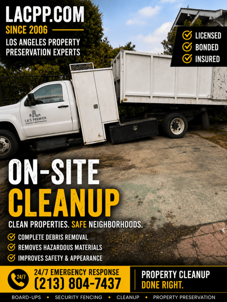 Property cleanup truck on-site at a vacant property in Los Angeles performing debris removal and property preservation services.