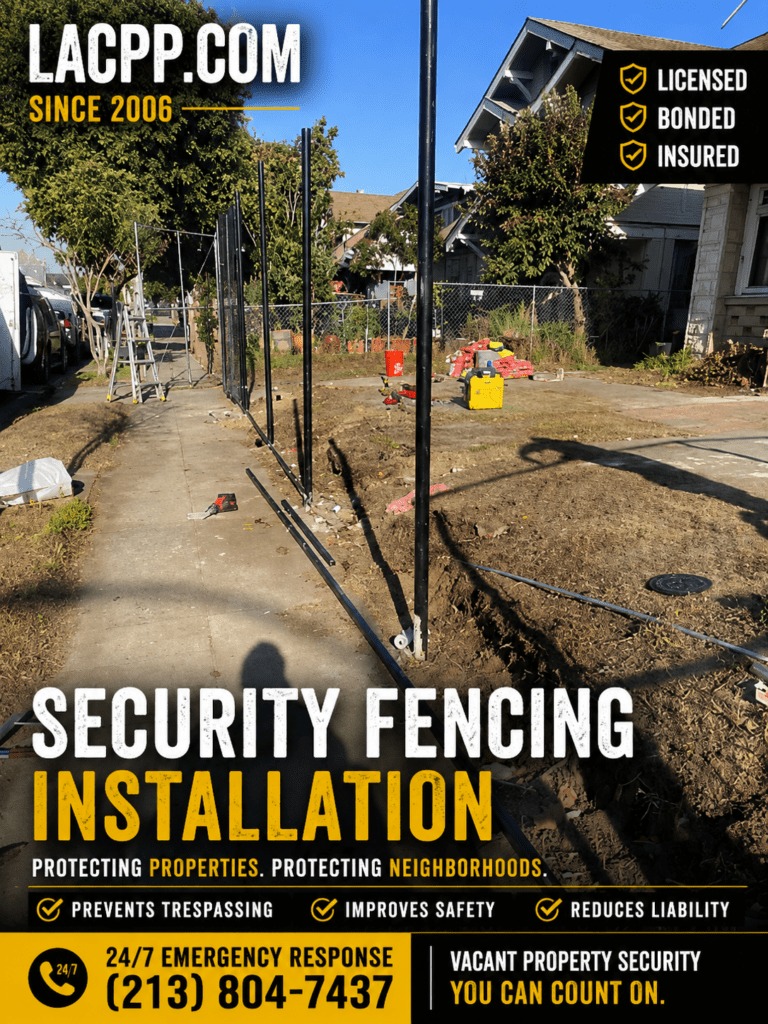 Security fencing installation in progress at a vacant property in Los Angeles to prevent trespassing, improve safety, and secure the site.