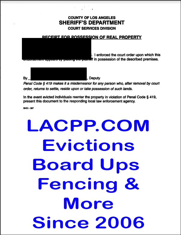 Los Angeles County Sheriff's Department receipt confirming possession of real property was restored to the lawful owner following court-ordered enforcement.