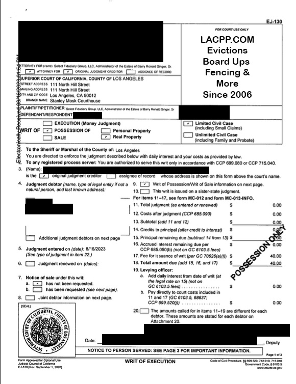 Court-issued Writ of Execution authorizing possession of a Los Angeles property and enforcement by the Los Angeles County Sheriff's Department.
