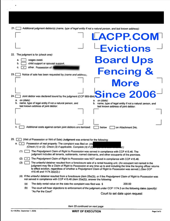 Page two of a court-issued Writ of Execution showing possession of real property and legal findings related to a Los Angeles eviction case.