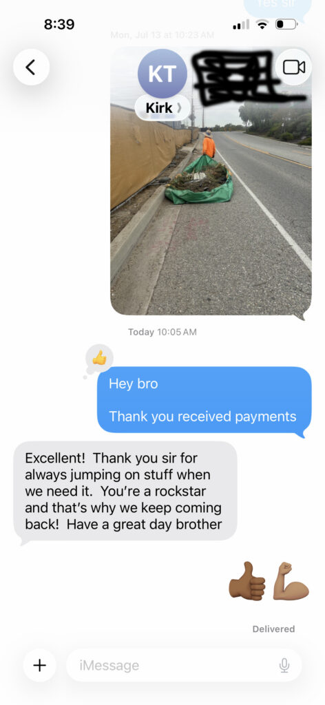 Text-message testimonial from a repeat commercial property-maintenance client.